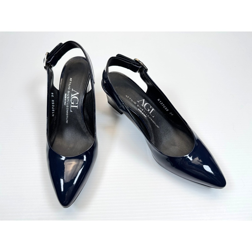 AGL Block Heel Slingback Pump Women 38 US 8 EUC Leather Navy Sandals Pointed Toe